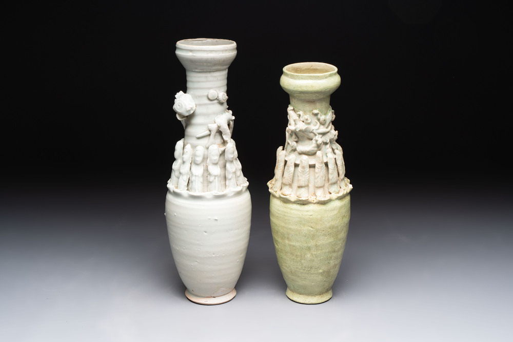 Two Chinese qingbai-glazed urns with applied design, Song
