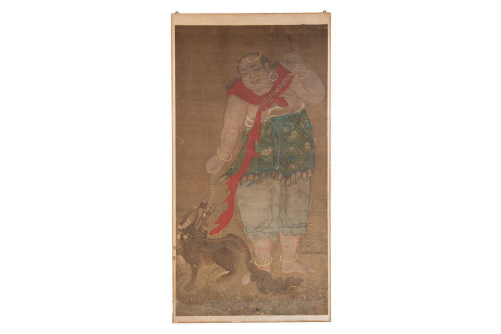 Chinese school: 'Deity and foo dog', ink and colour on silk, 16/17th C.