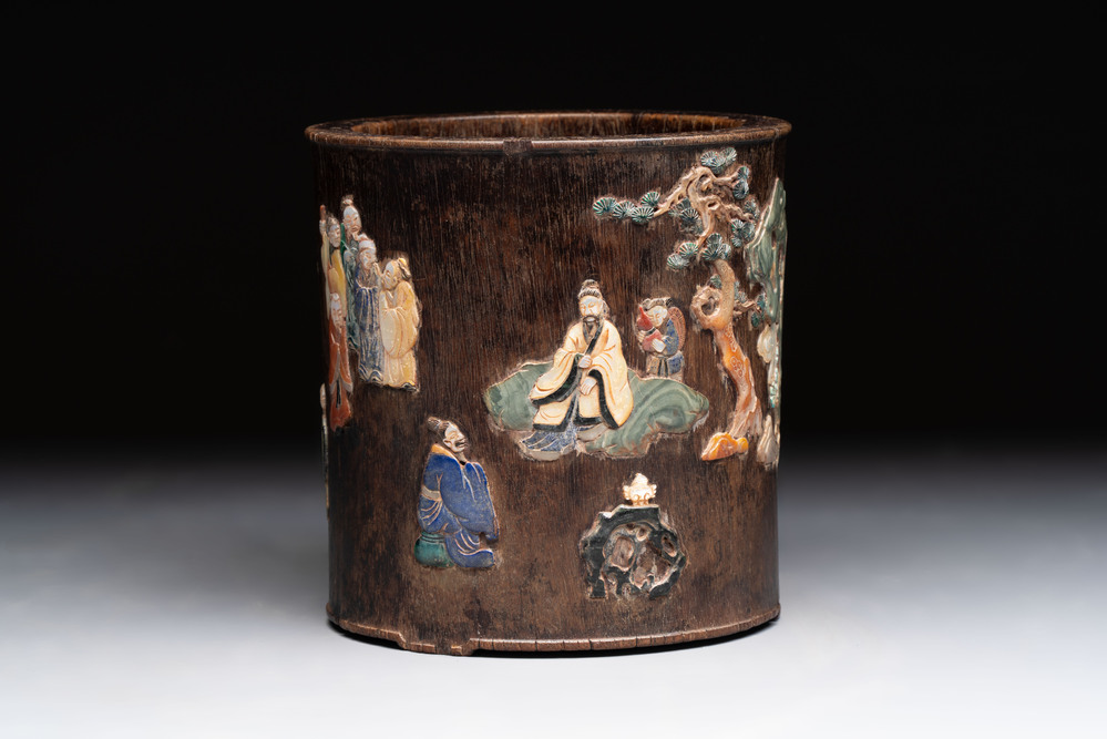 A Chinese hardstone, mother-of-pearl and silver embellished zitan bitong, Chongzhen mark, 17/18th C.