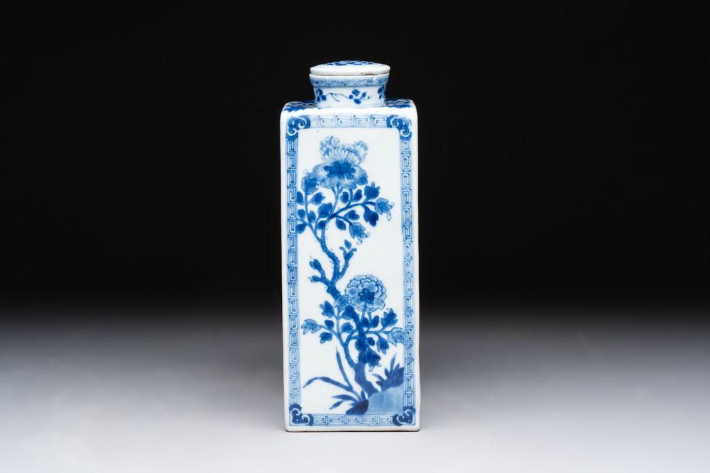 A Chinese blue and white square flask and cover with floral design, Kangxi