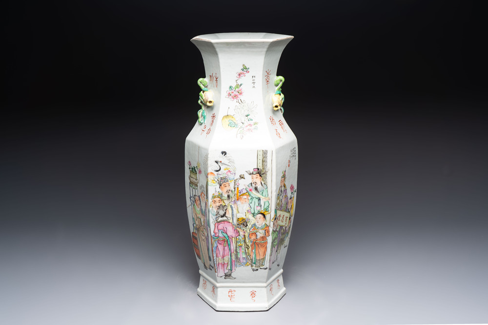 A Chinese hexagonal qianjiang cai vase, signed Wang Qi 王琦, dated 1913
