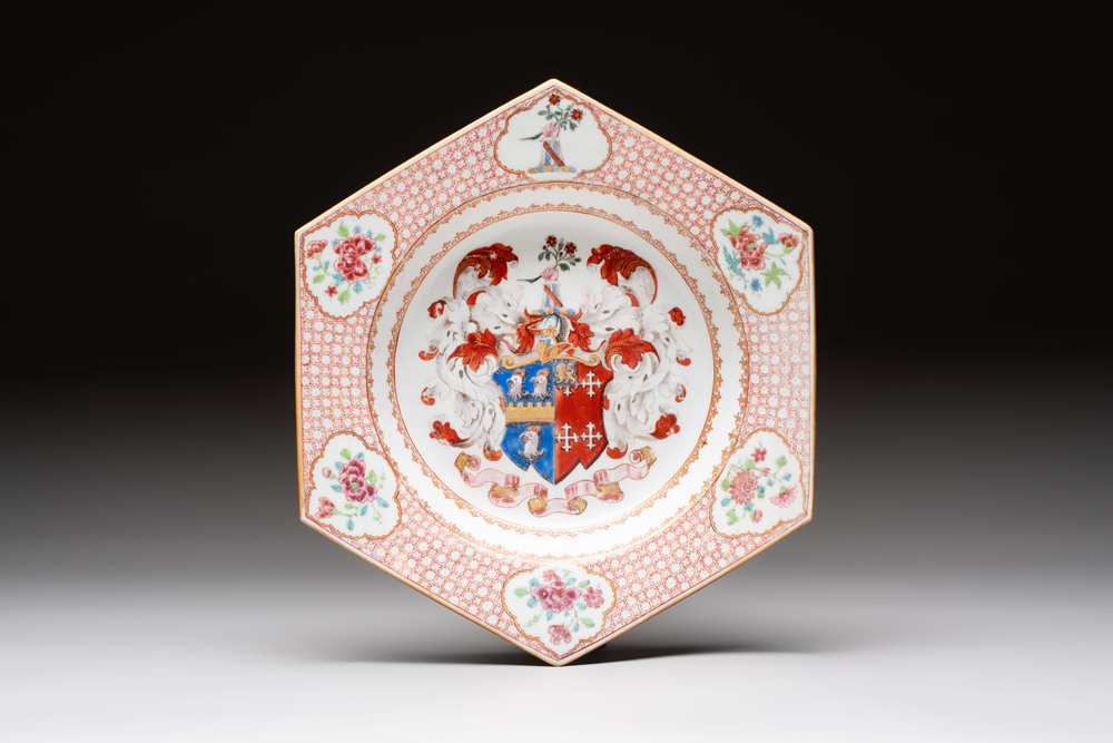 A rare Chinese famille rose hexagonal armorial plate with the arms of Jephson impaling Chase, Yongzheng, ca. 1735