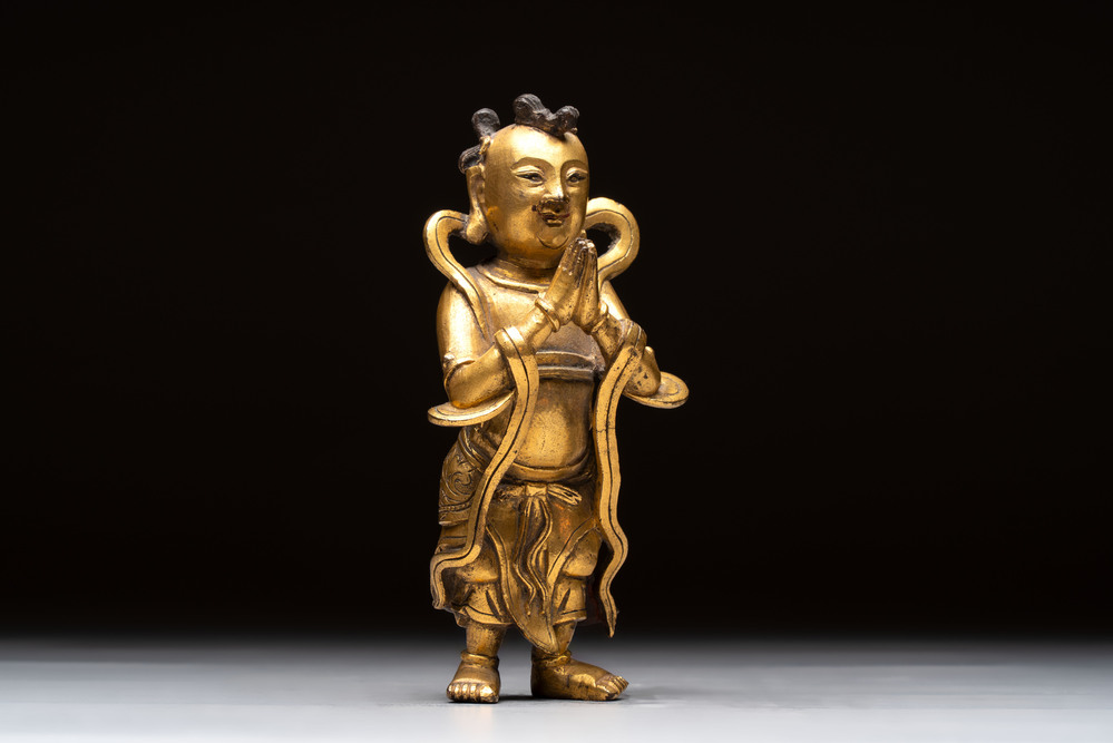 A Chinese gilt-bronze figure of Sudhana, 16/17th C.