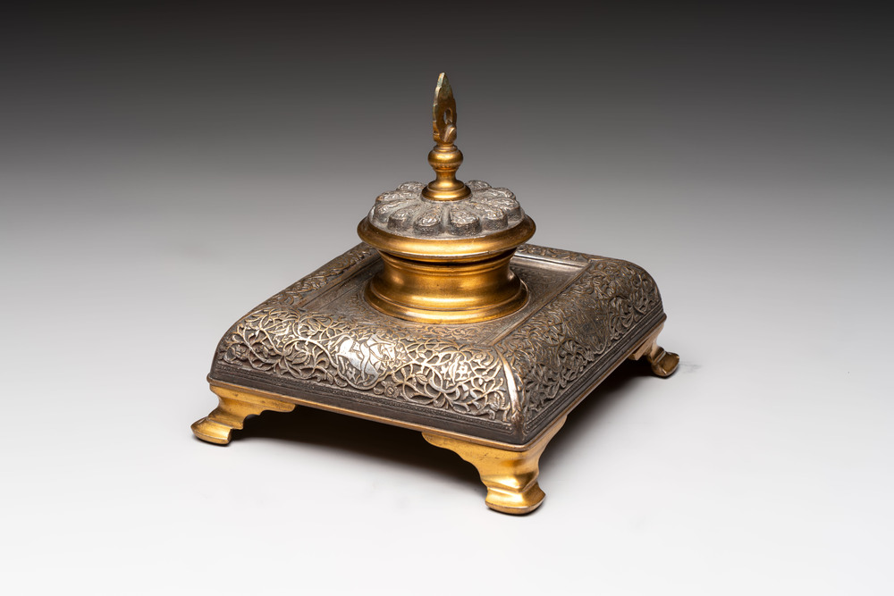 An Orientalist gilt and tinned bronze inkwell, probably France, 19th C.