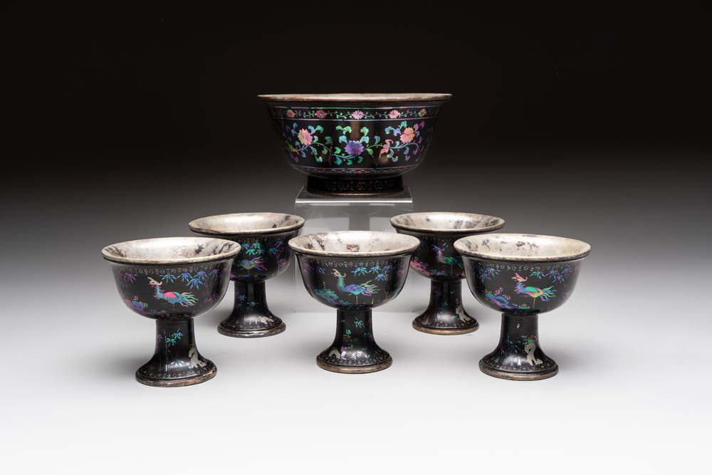 Five Chinese silver-lined laque burgaut&eacute; stem cups and a bowl, 18th C.