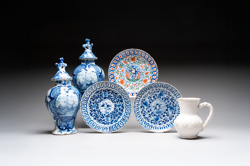 Three plates, a pair of covered vases and a jug, The Netherlands and Spain, 18/19th C.