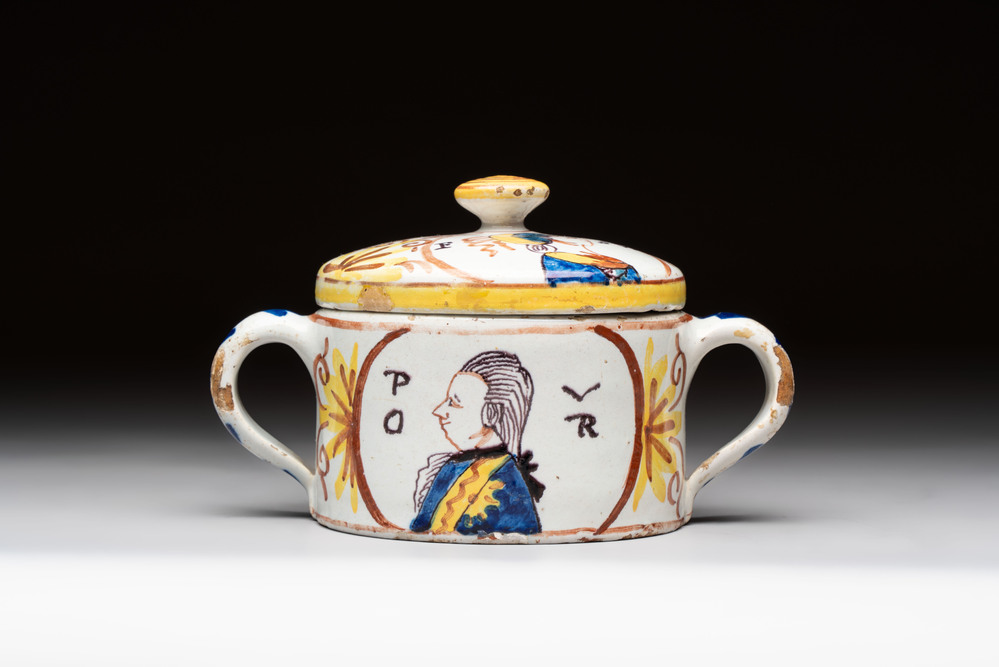 A polychrome Dutch Delft 'orangist' butter tub, 18th C.