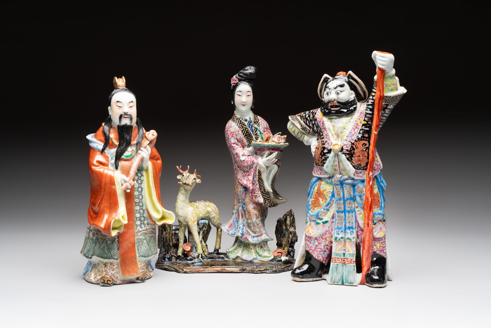 Three Chinese famille rose figures, Cai Yong Xin Zao 蔡永新造 mark, 19/20th C.