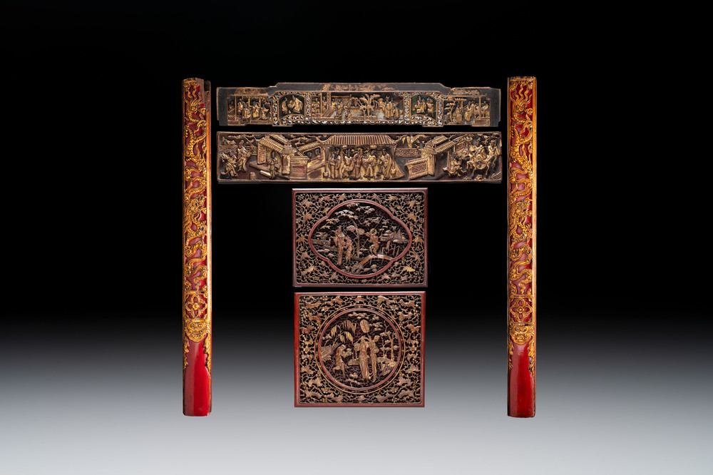 Six Chinese gilt lacquered panels with narrative design, 19th C.