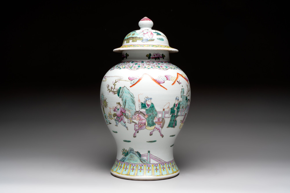 A Chinese famille rose 'Xi Xiang Ji' vase and cover, 19th C.