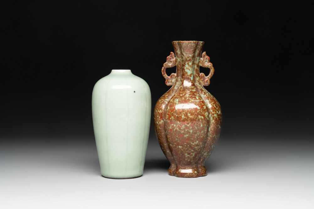 A Chinese celadon-glazed vase and a faux bronze-glazed vase, Qianlong mark, 18/19th C.