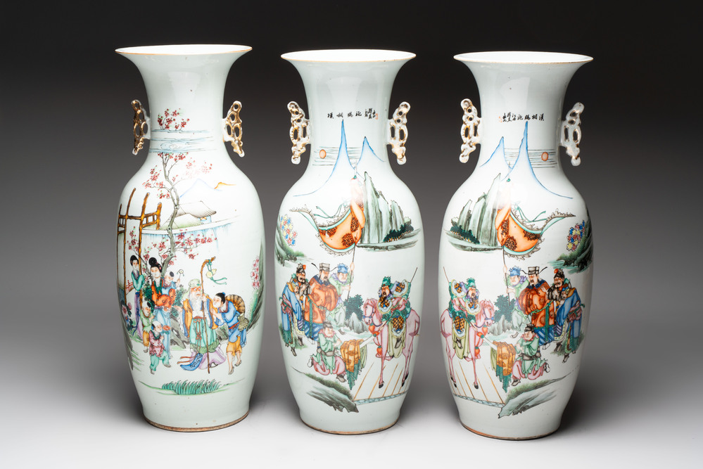 Three Chinese famille rose vases, signed Zhang Rong Shun 張榮順 and Qun Yi Hua Guan 群益畫館 19/20th C.