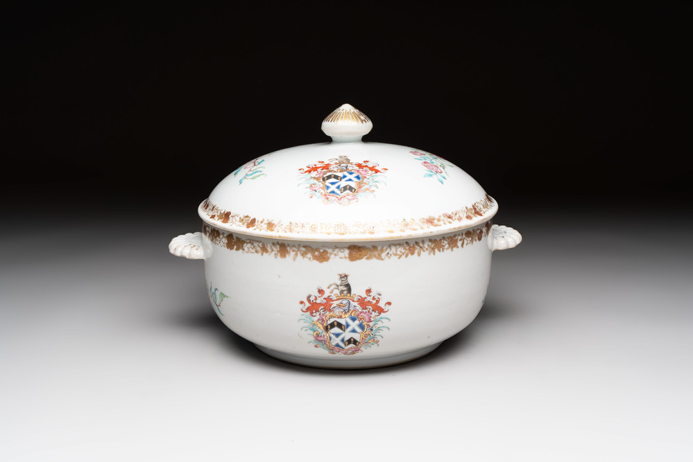 A Chinese famille rose armorial tureen and cover with the arms of Backwell quartering Tyringham for the English market, Yongzheng/Qianlong