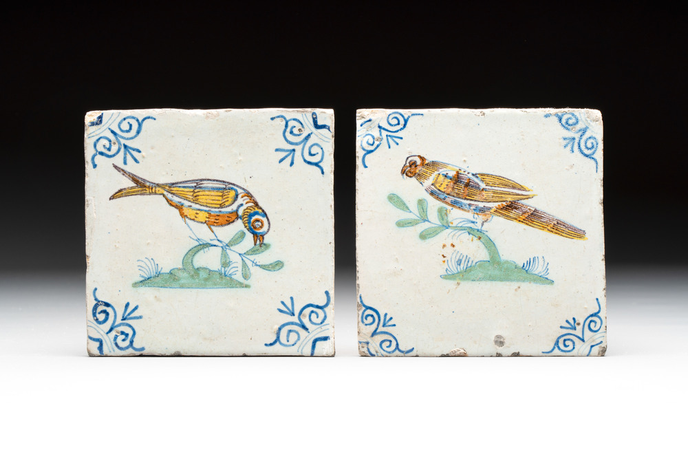 Two polychrome Dutch Delft 'bird' tiles, 17th C.