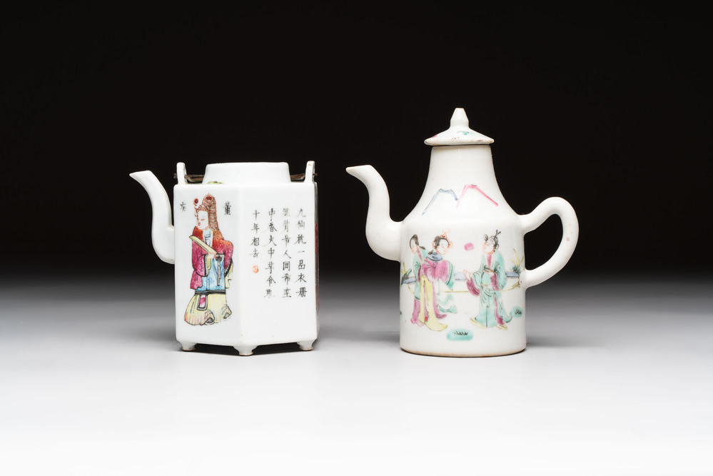 A Chinese 'Wu Shuang Pu' teapot and a famille rose covered wine pot, 19th C.