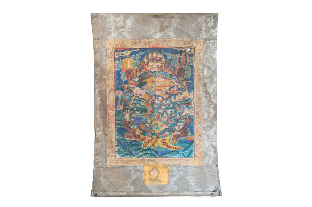 A Tibetan thangka depicting the Wheel of Life, Bhavacakra, 19th C.