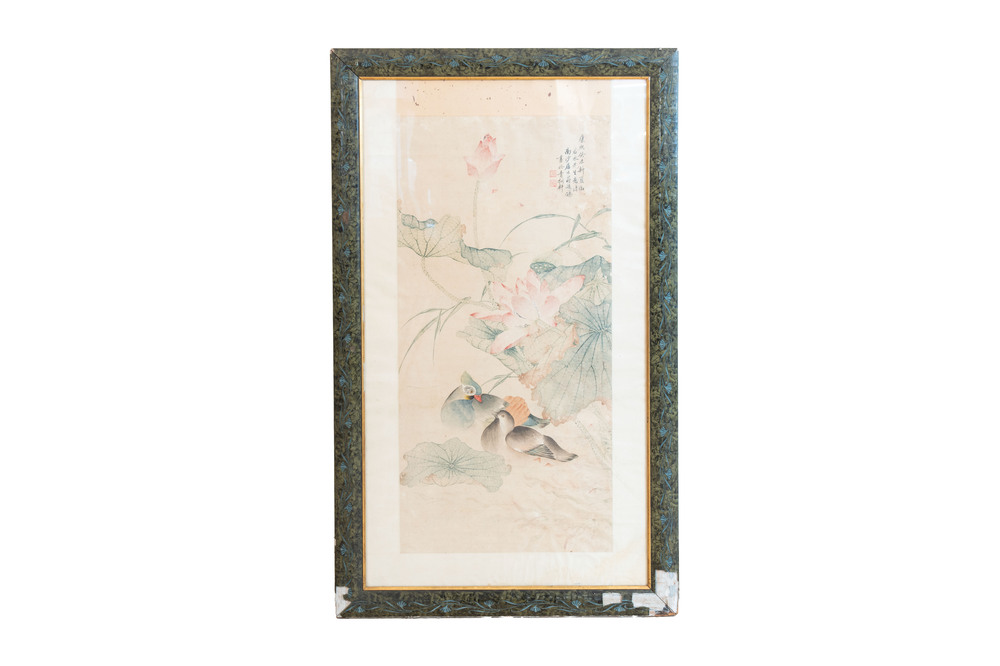 In the manner of Jiang Tingxi 蔣廷錫 (1669 - 1732): 'Mandarin ducks and lotus', ink and colour on silk, 19/20th C.