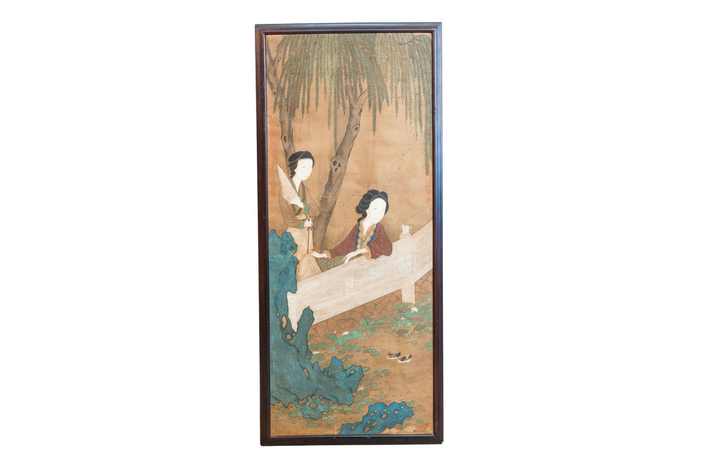 In the manner of Wang Zhenpeng 王振鵬 (Yuan): 'Two ladies in the garden', ink and colour on silk, Qing