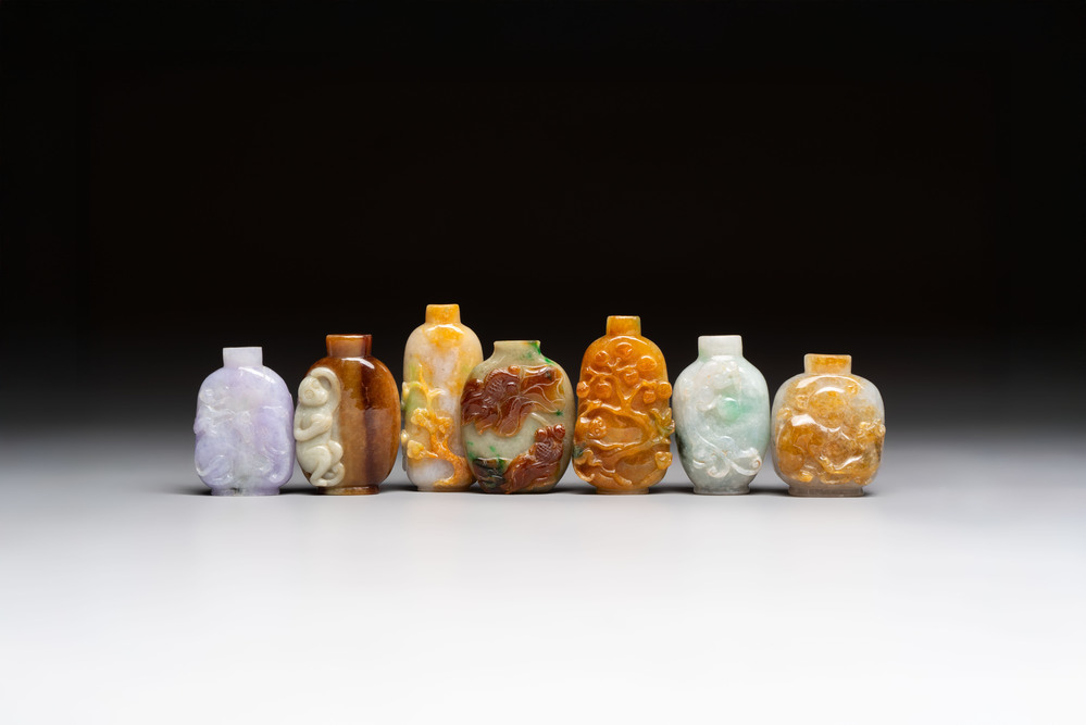 Seven Chinese jadeite snuff bottles, 20th C.