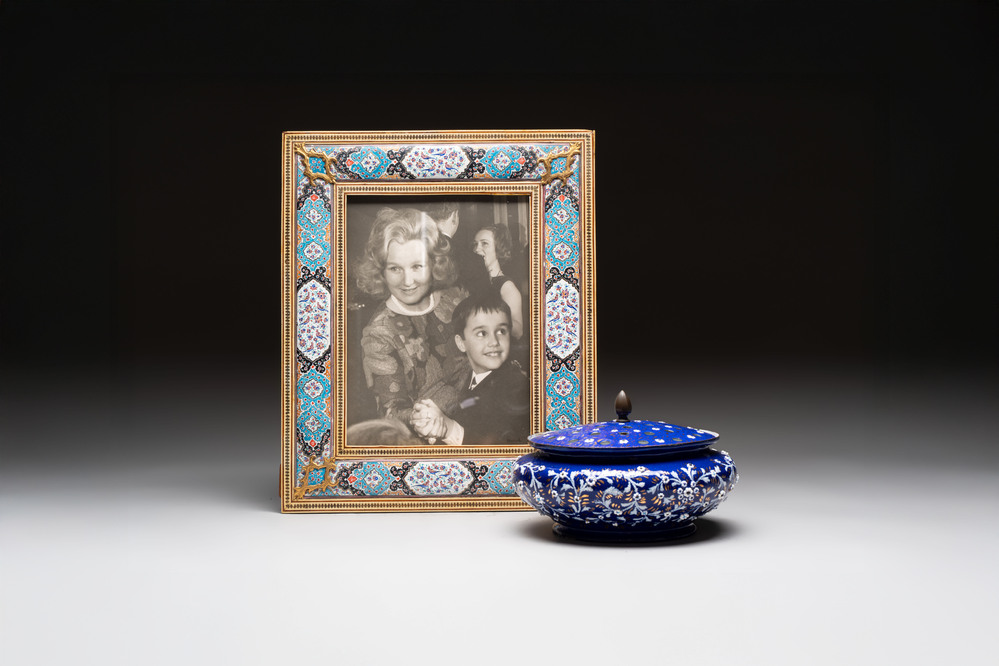 A Persian enamel and bone-inlaid frame, and an enamel flower holder, 19/20th C.