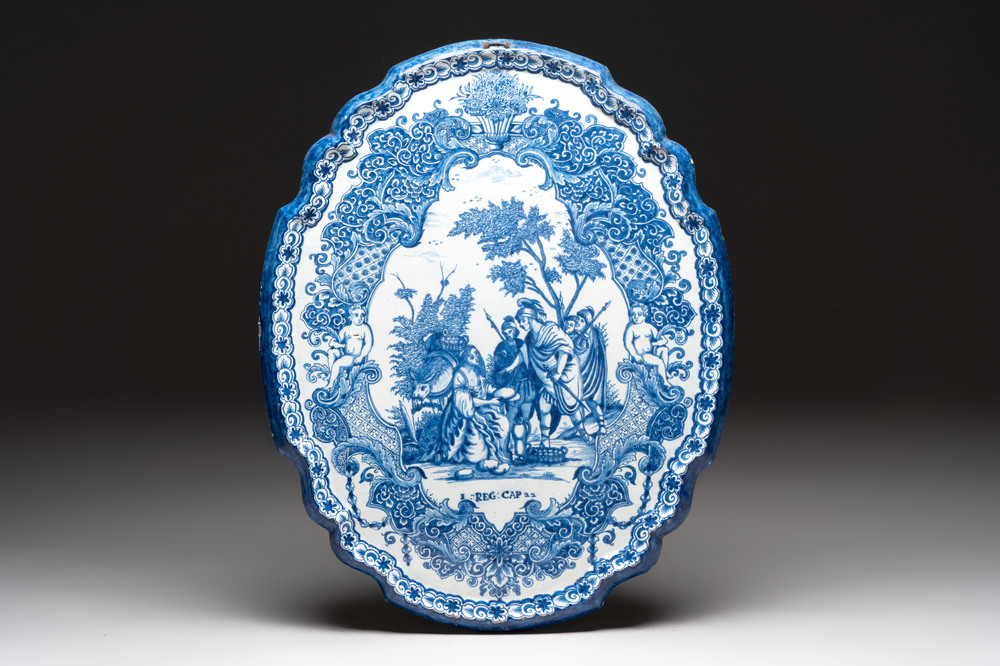 A large blue and white Dutch Delft 'biblical subject' plaque, 18th C.