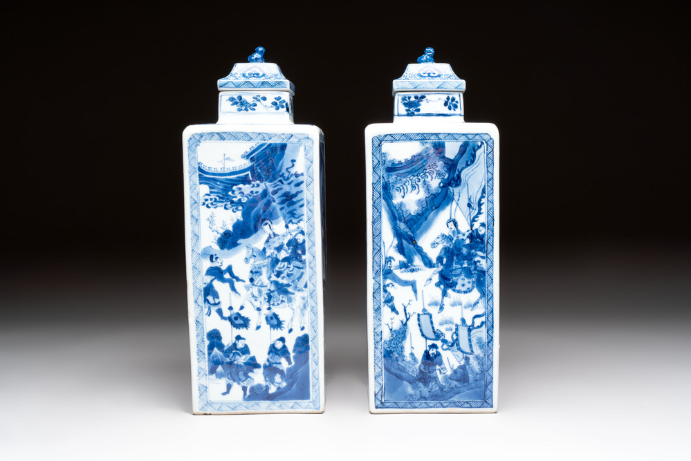 A pair of Chinese blue and white square flasks and covers with narrative design, Kangxi