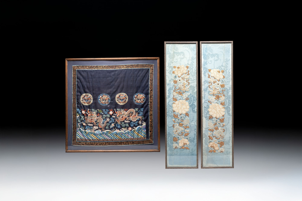 A fine Chinese kesi square 'dragon' panel and two silk embroideries with floral design, 19th C.