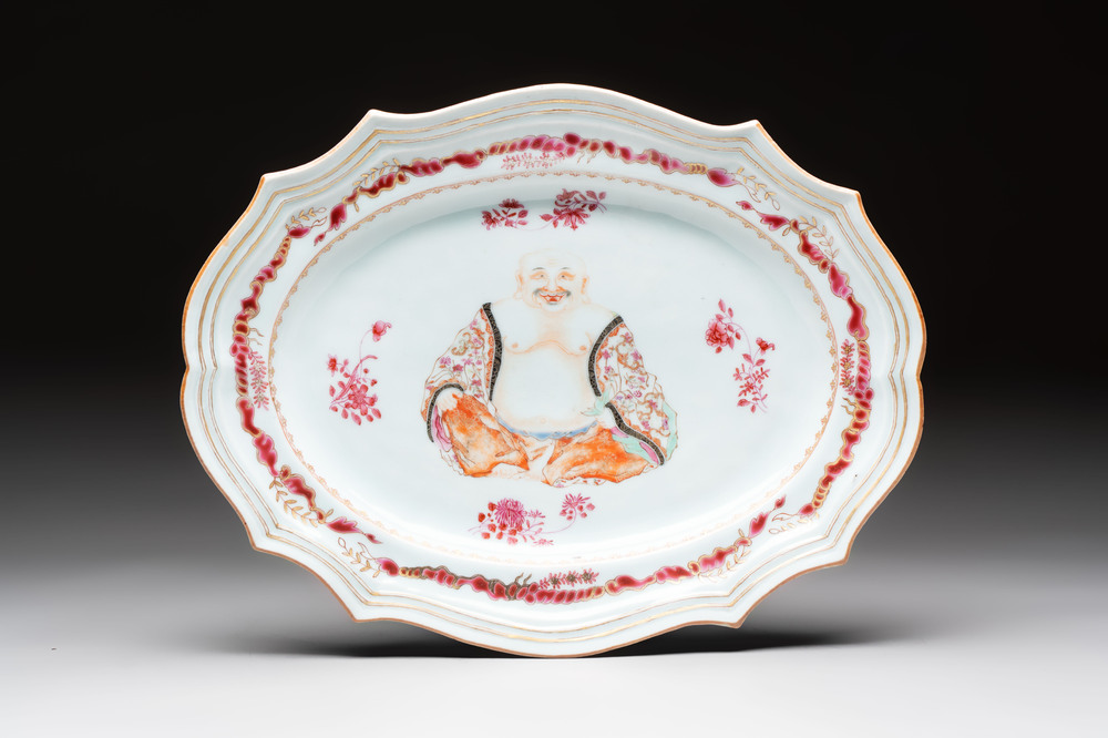 A rare Chinese famille rose 'Budai' tureen stand for the European market, Qianlong