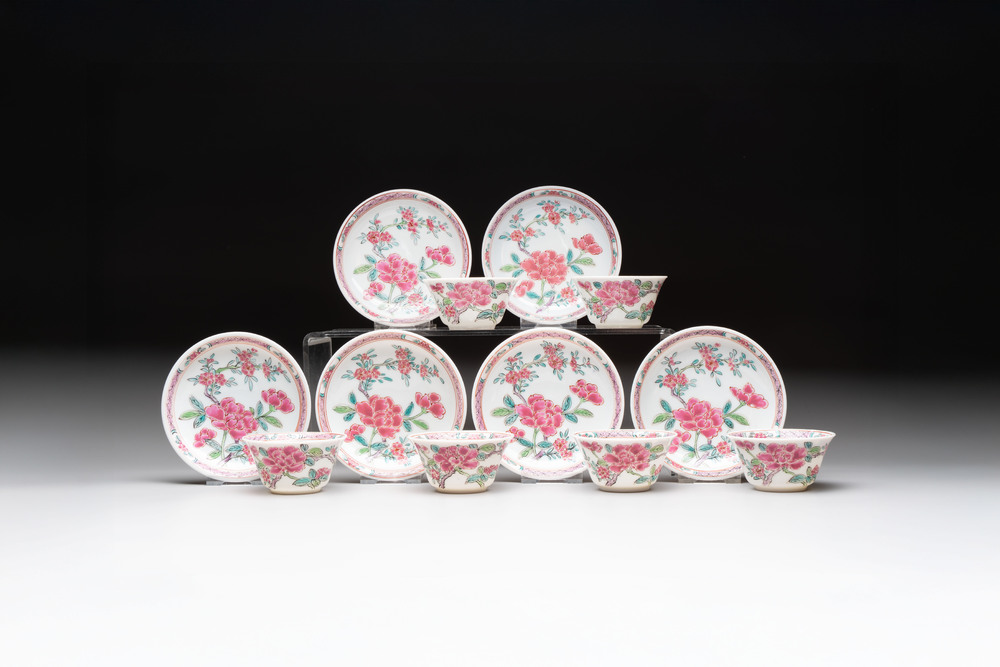 A set of six Chinese famille rose 'peonies' cups and saucers, Yongzheng/Qianlong