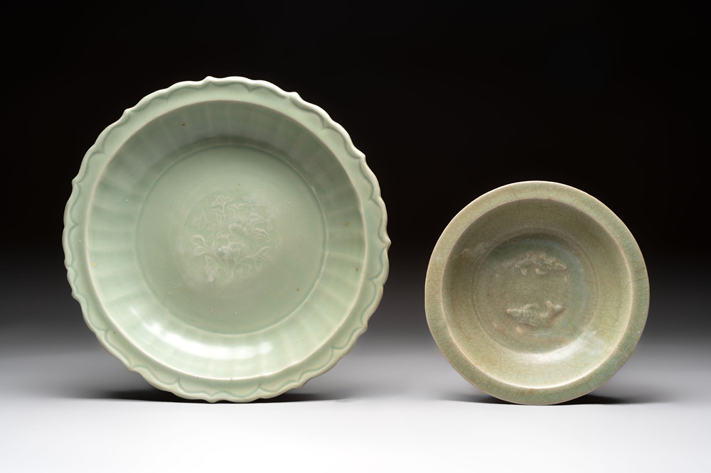 A Chinese Longquan celadon dish with floral anhua design and a 'twin fish' plate, Ming