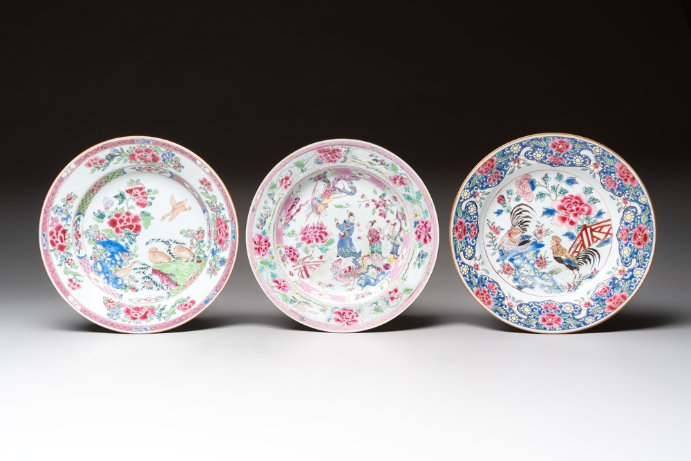 Three Chinese famille rose plates with figures and birds, Yongzheng/Qianlong