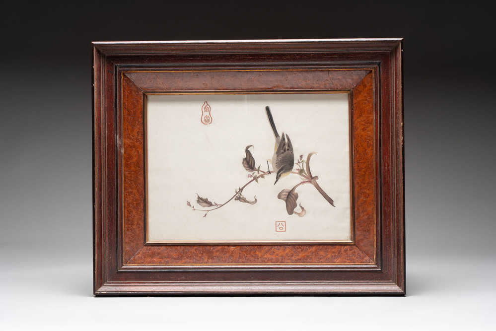 A framed Chinese 'bird on branch' silk embroidery, 20th C.