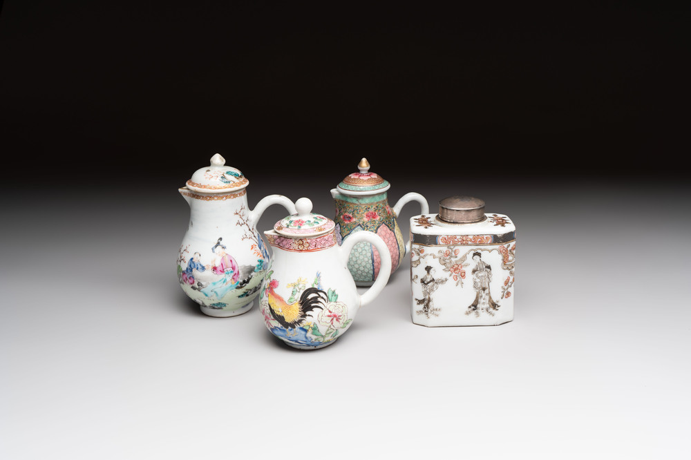 Three fine Chinese famille rose covered milk jugs and a grisaille and iron-red-decorated tea caddy with silver cover, Yongzheng/Qianlong