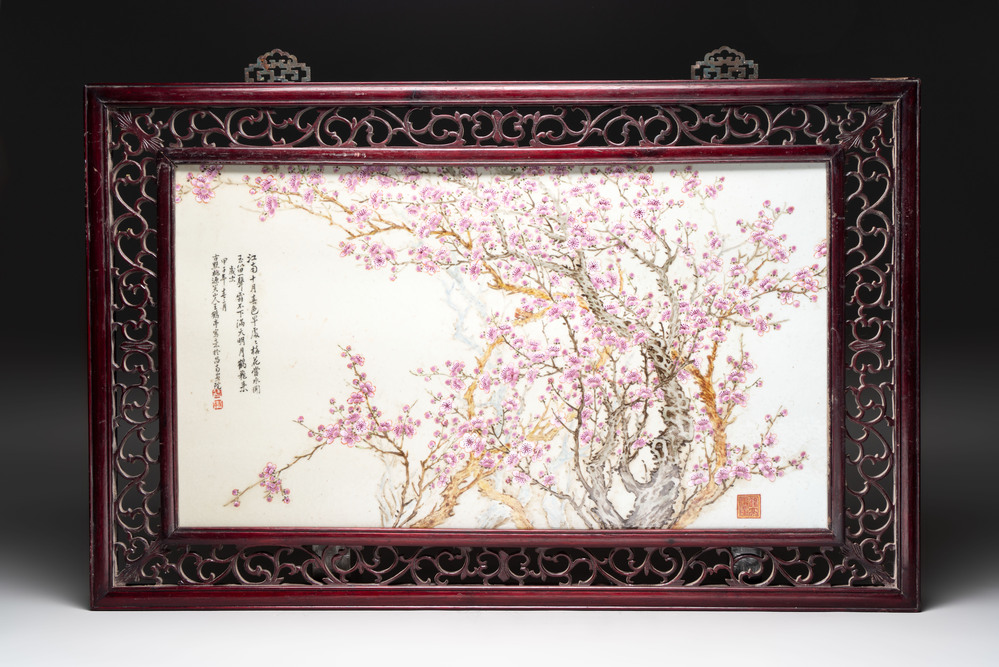 A large Chinese famille rose plaque with plum blossom design in wooden frame, signed Wang Heting 王鹤亭, dated 1984