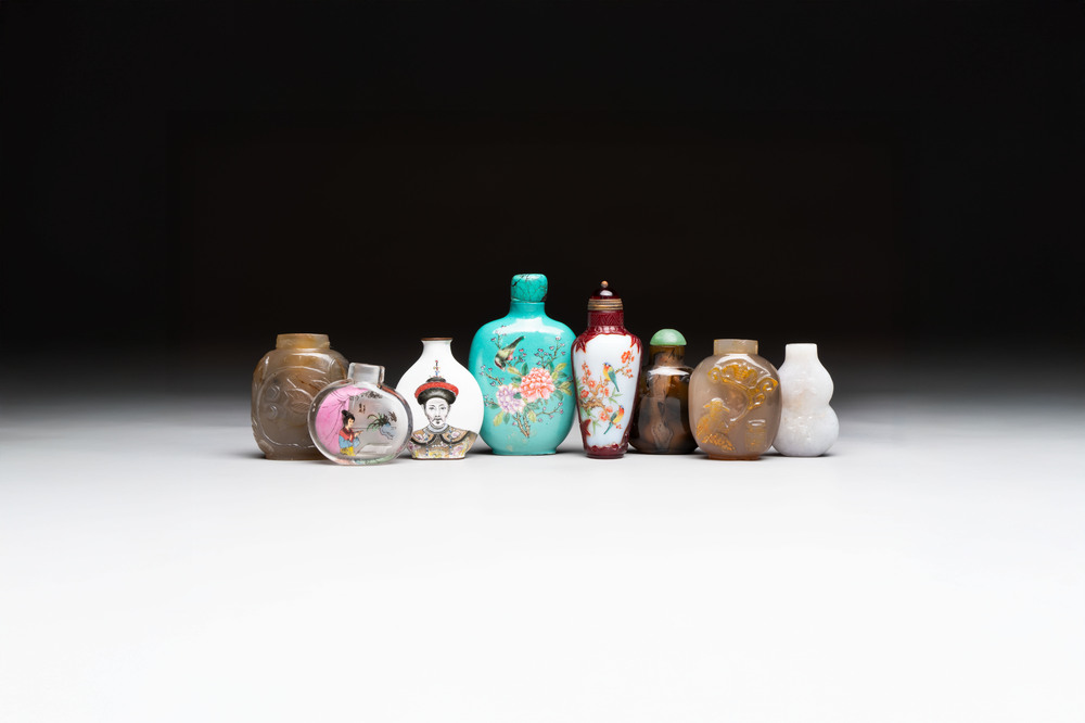 A varied collection of eight Chinese snuff bottles, Qianlong mark, 20th C.