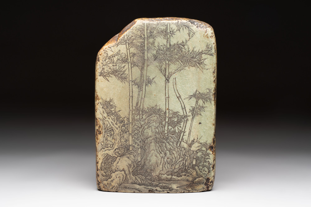 A Chinese inscribed green stone with bamboo design, Daguan mark, dated 1108