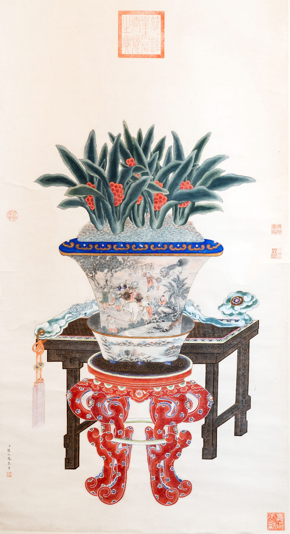In the manner of Chen Shaofeng 陳兆鳳 (Late Qing Dynasty): 'Qinggong 清供', ink and colour on paper, Cixi mark, 20th C.