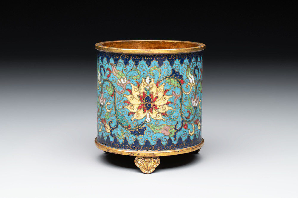 A Chinese cloisonn&eacute; cylindrical tripod censer with lotus scrolls, Qianlong mark and of the period