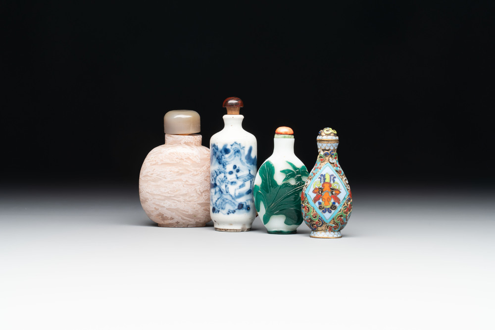 A diverse group of four Chinese snuff bottles, one with Qianlong mark, 19th C.