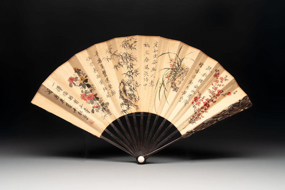 In the manner of Ma Quan 馬荃(18th C.): 'An ebony fan painted with 'Four Gentlemen 四君子', 19/20th C.