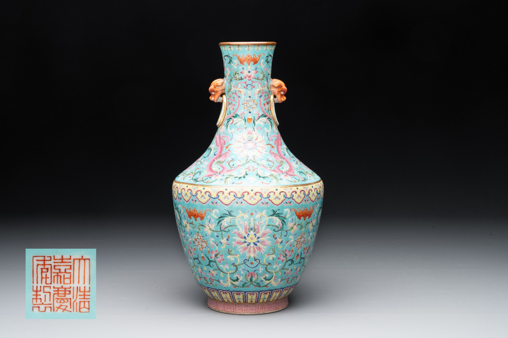 An imperial Chinese turquoise-ground famille rose 'chilong and flower scrolls' vase, Jiaqing mark and of the period