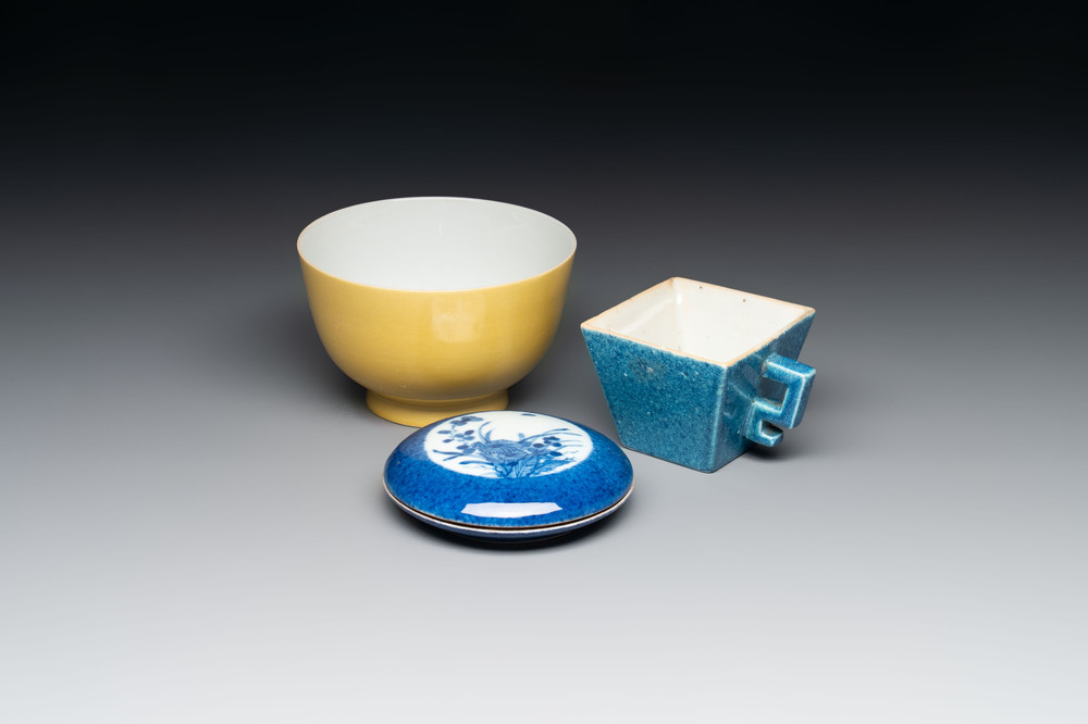 A Chinese yellow-glazed bowl, a robin's egg-glazed square cup and a powder-blue-ground seal paste box, 19/20th C.