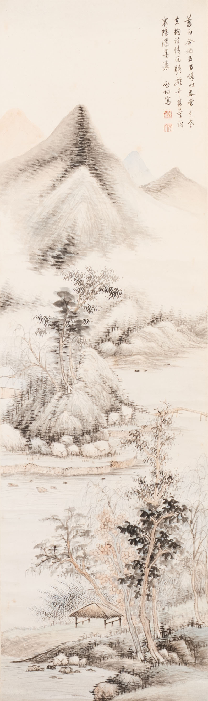 In the manner of Qi Gong 啟功 (1912-2005): 'Mountainous landscape', ink and colour on paper