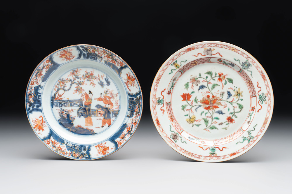 A Chinese Imari-style 'lady and boys' plate and a famille verte 'lotus' plate, Kangxi/Yongzheng