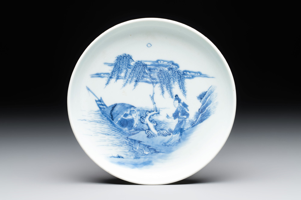 A Chinese blue and white plate with a couple along the water, Ya Zhi 雅製 mark, Kangxi/Yongzheng