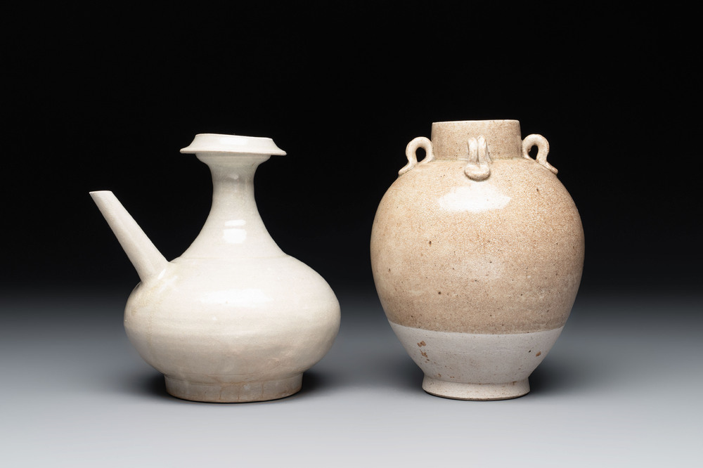 A Chinese crackle-glazed vase and a cream-glazed kendi, Tang/Song