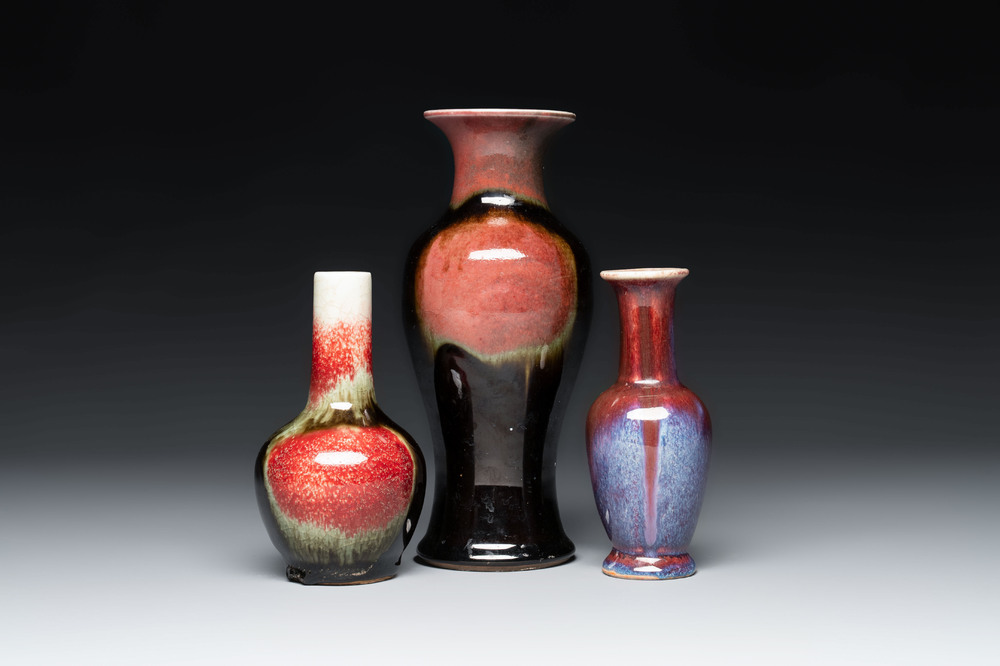 Three Chinese flamb&eacute;-glazed vases, 19th C.