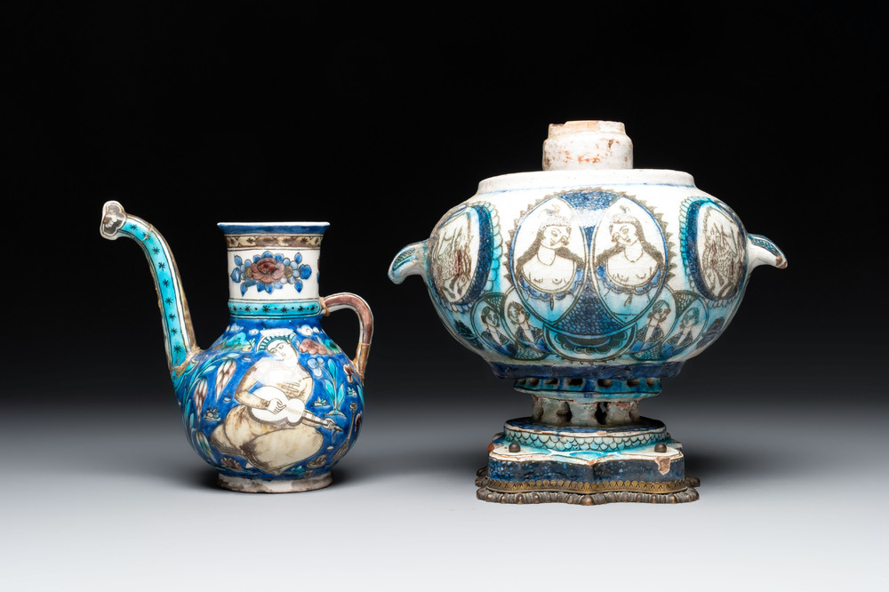 A polychrome Qajar ewer and a gilt bronze-mounted vessel, Iran, 19th C.