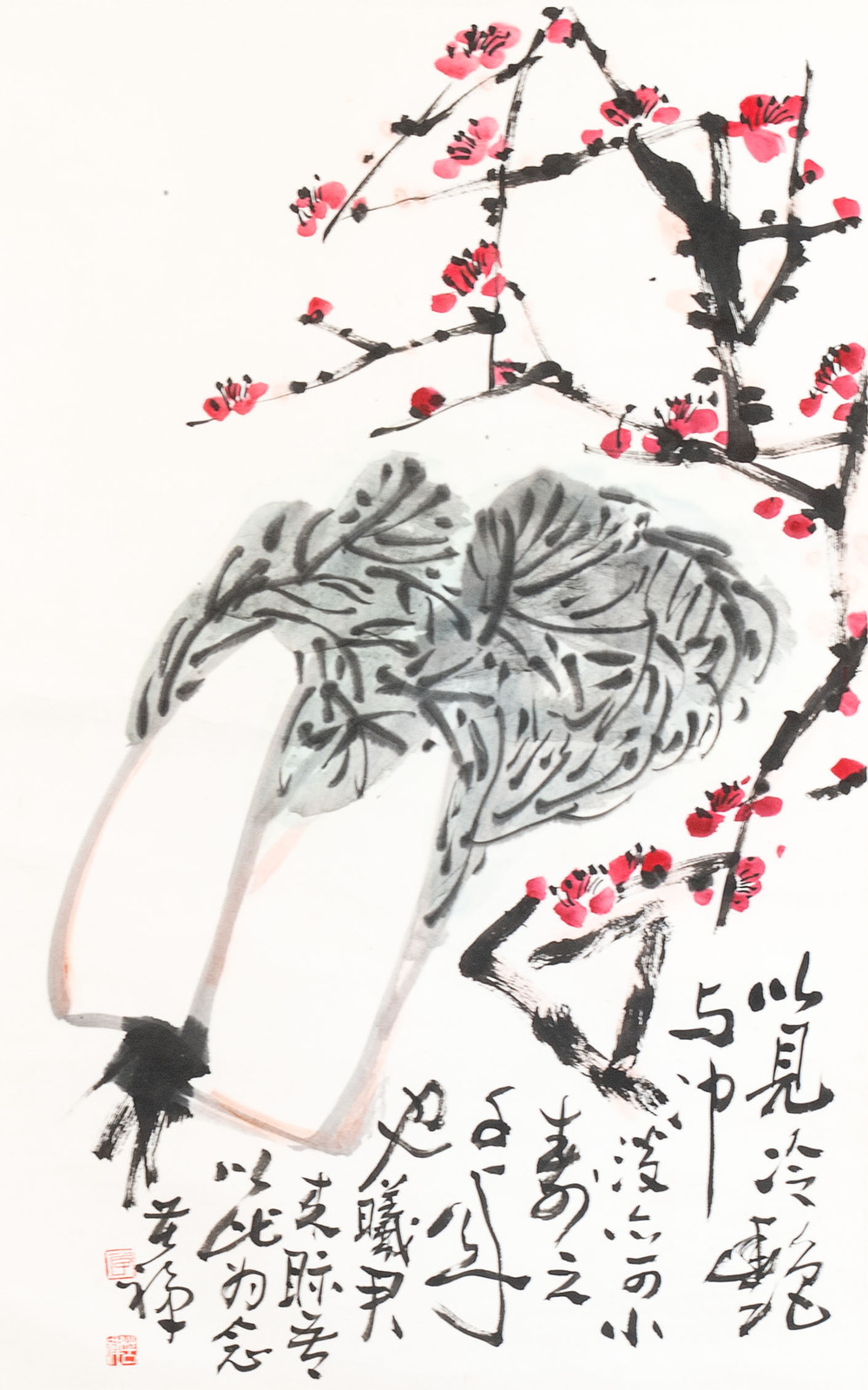In the manner of Li Kuchan 李苦禪 (1899-1983): 'Chinese cabbage and prunus blossoms', ink and colour on paper