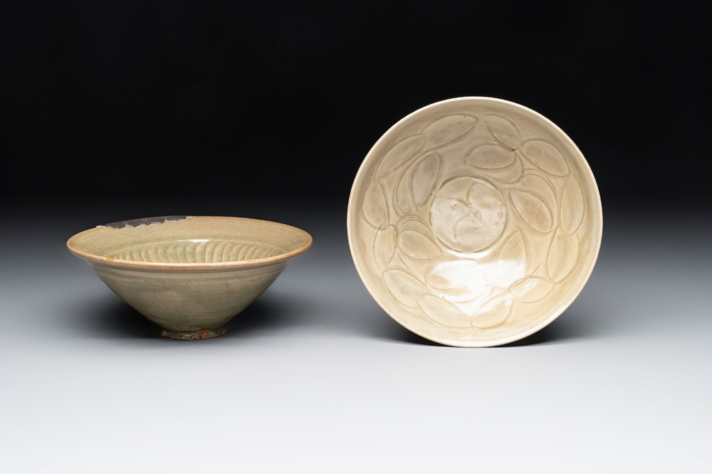 Two Chinese Yaozhou celadon bowls with anhua floral design, Song/Yuan